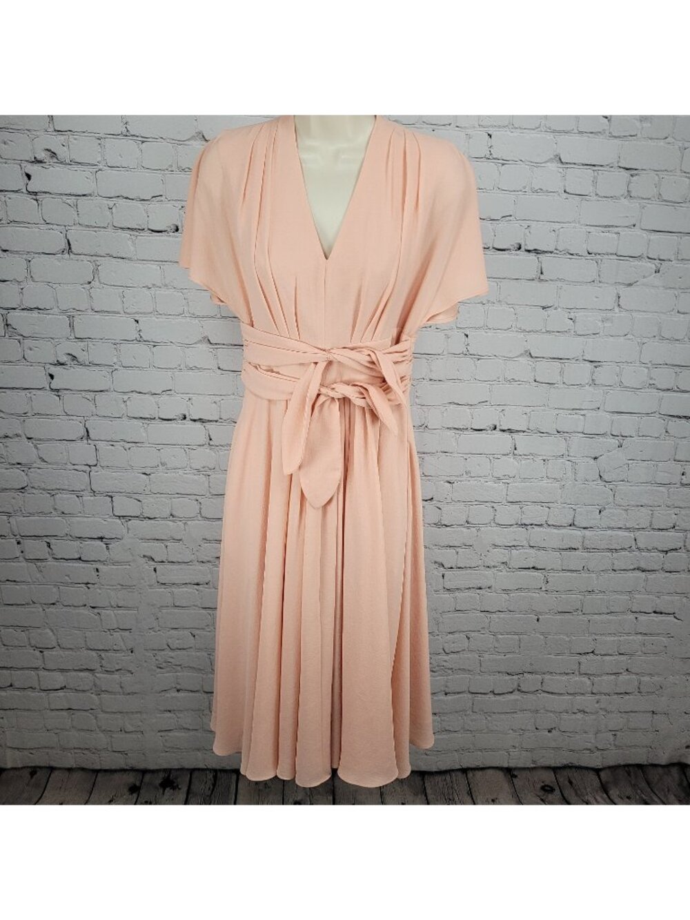 Gal Meets Glam Jane Pink Chiffon Pleated Waist Tie Short Flutter Sleeve Dress 2